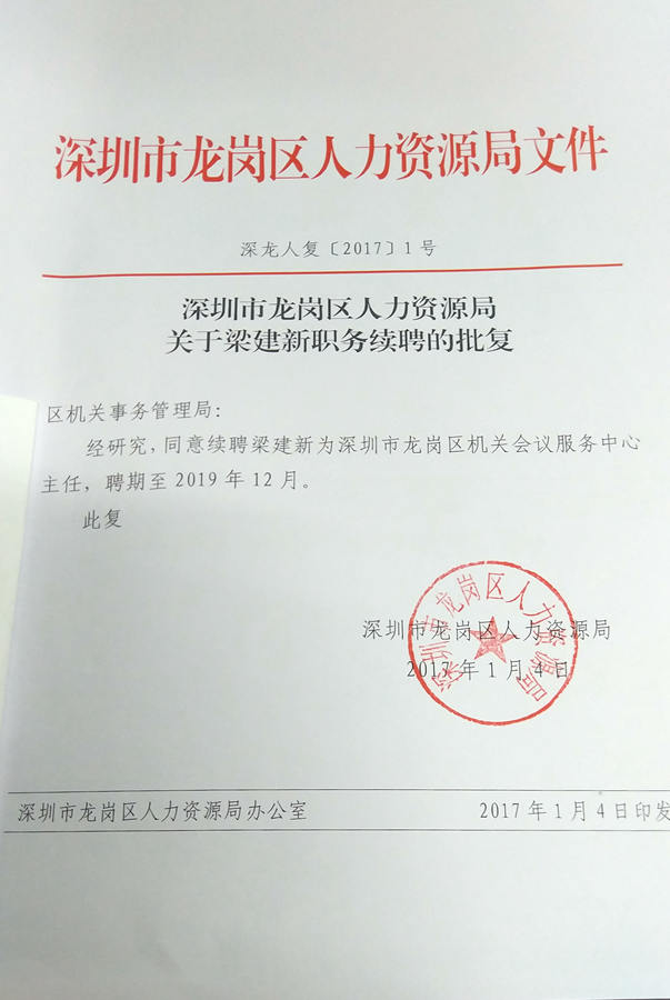 pg电子官网
人力资源局关于梁建新职务续聘的批复